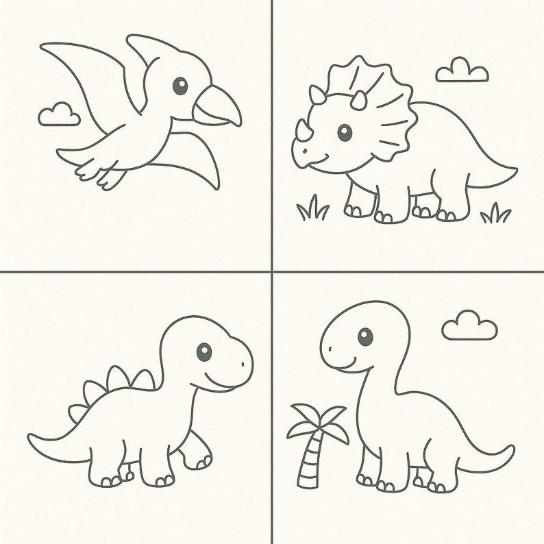Pu&ograve; includere: Illustrazione a quattro pannelli con dinosauri dei cartoni animati. Include un Pterodattilo, un Triceratopo, uno Stegosauro e un Brontosauro. Ogni dinosauro &egrave; delineato in nero su sfondo color crema, con dettagli semplici come nuvole ed erba.