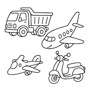 Può includere: Disegni a tratto in bianco e nero di un camion ribaltabile, un aereo di linea, un piccolo aereo e uno scooter. Le illustrazioni sono semplici e in stile cartone animato, adatte ai design per bambini.