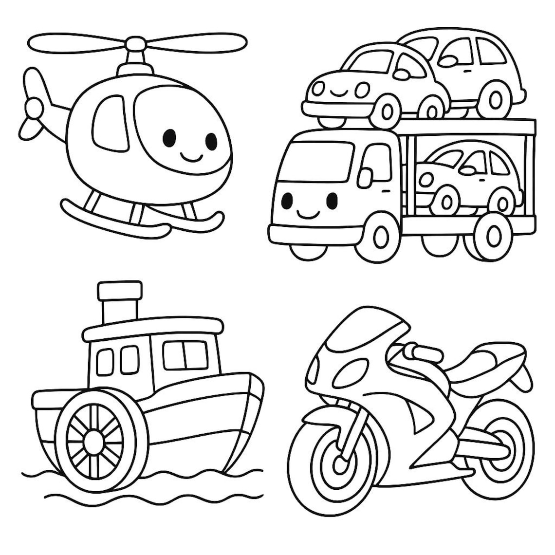 Vehicle Coloring Pages for Kids | Helicopter, Truck, Boat & Motorcycle