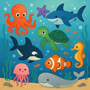 Può includere: Illustrazione colorata di varie creature marine, tra cui un polpo arancione, uno squalo blu, una tartaruga verde e un pesce pagliaccio. L'opera presenta uno stile cartoon con uno sfondo blu e un fondale sabbioso.