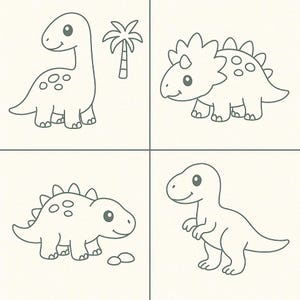 Pu&ograve; includere: Illustrazione quadrata con quattro dinosauri dei cartoni animati in una griglia. I dinosauri sono delineati in grigio su uno sfondo color crema. Uno &egrave; un Brontosauro dal collo lungo, un altro un Triceratopo, uno Stegosauro e un T-Rex.