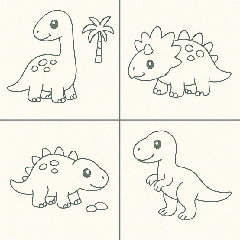 Pu&ograve; includere: Illustrazione quadrata con quattro dinosauri dei cartoni animati in una griglia. I dinosauri sono delineati in grigio su uno sfondo color crema. Uno &egrave; un Brontosauro dal collo lungo, un altro un Triceratopo, uno Stegosauro e un T-Rex.