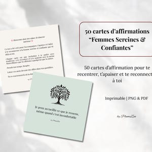 Peut inclure: Trois cartes avec du texte en français. Une carte présente une illustration d'arbre et le texte "Je peux accueillir ce que je ressens, même quand c'est inconfortable." Une autre carte contient du texte sur le bien-être. Une troisième carte porte le texte "50 cartes d'affirmations Femmes Sereines & Confiantes."