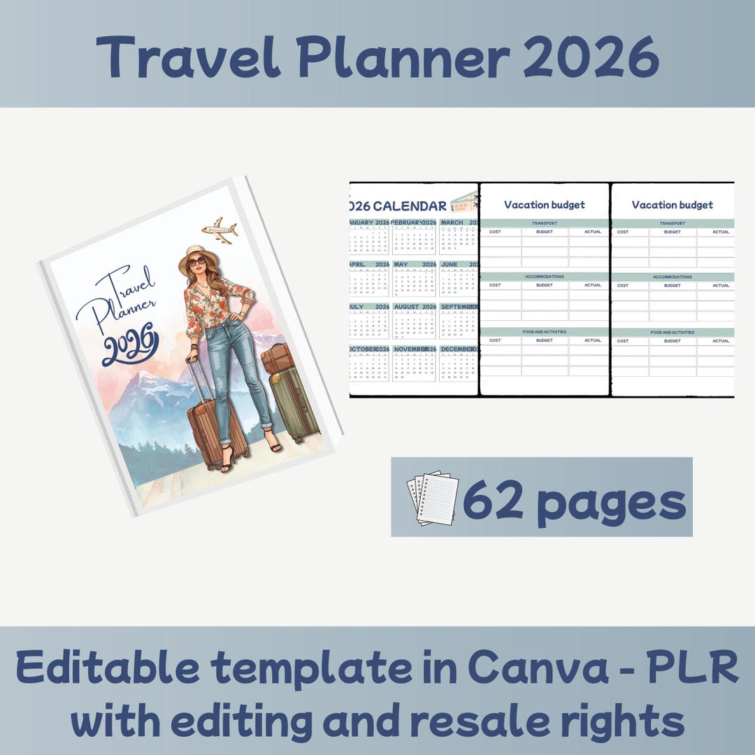 Travel Planner 2026 PLR 62 Page Printable Travel Journal Resell Il Ik18 