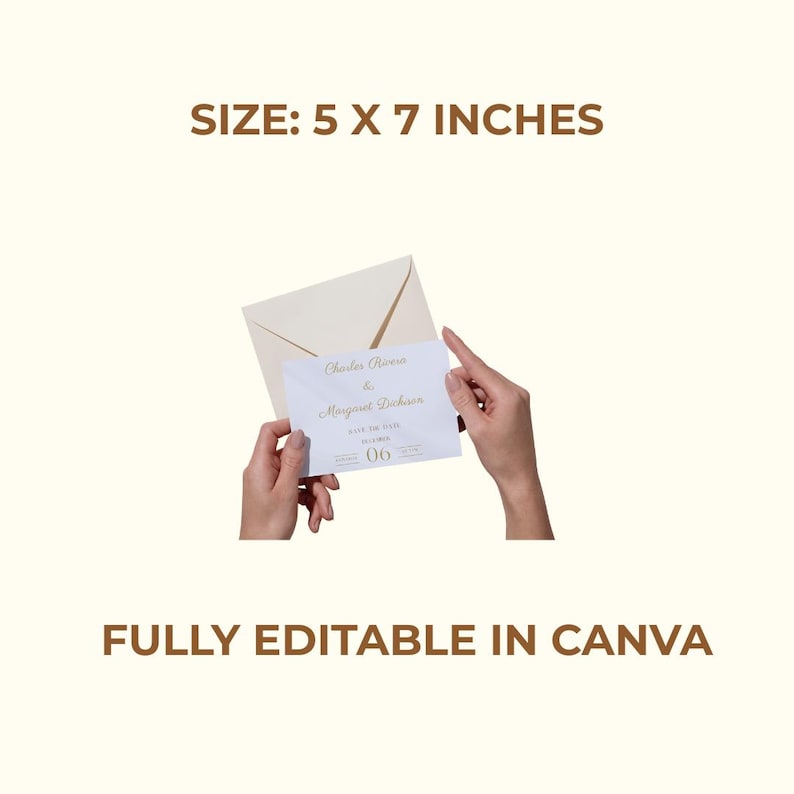 May include: A white invitation card, measuring 5 x 7 inches, held in front of a cream-colored envelope. The card features gold text with names and a date. The text "FULLY EDITABLE IN CANVA" is displayed below.