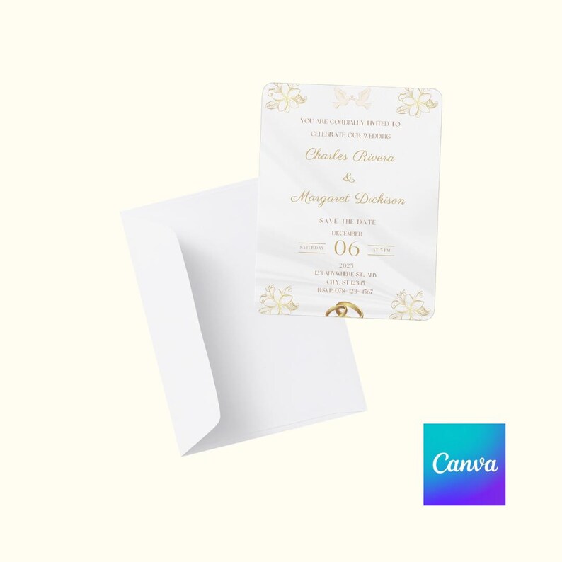 May include: A wedding invitation with gold floral accents and the names Charles Rivera and Margaret Dickson. The invitation includes the date December 06, 2023, and is accompanied by a white envelope.