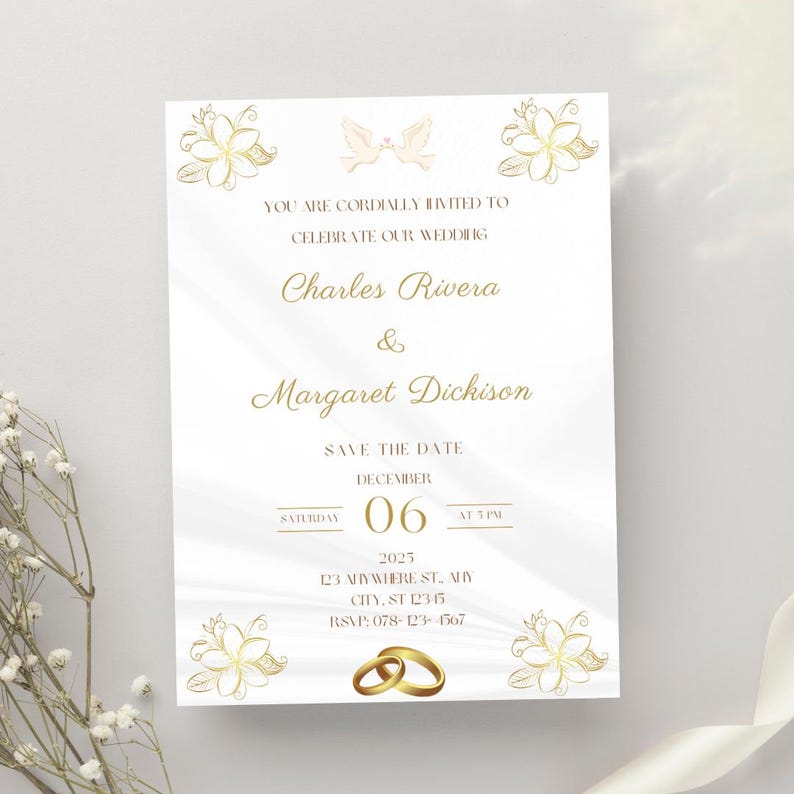 May include: A white wedding invitation with gold floral accents and text. The invitation reads "You are cordially invited to celebrate our wedding" with the names Charles Rivera and Margaret Dickison. The date is December 6, 2025.