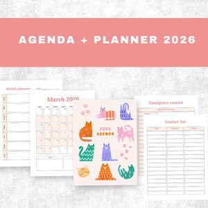 Puede incluir: Una agenda y planificador de 2026 con un encabezado rosa. El planificador presenta un diseño semanal, un calendario de marzo de 2026 y una lista de contactos. La portada de la agenda tiene ilustraciones de gatos coloridos y el texto "2026 AGENDA".