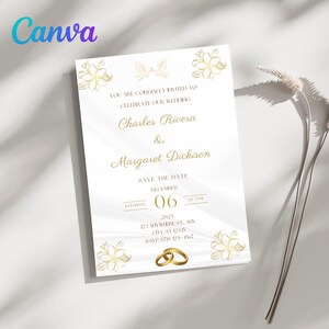 May include: A white wedding invitation with gold text and floral accents. The invitation includes the names Charles Rivera and Margaret Dickison, along with the date December 6, 2025. The RSVP information is also included.