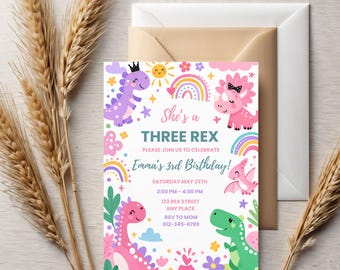 Three Rex Birthday Invitation Girl,Dinosaur Birthday Invitation Girl,Editable Dino Invite,3rd Birthday Party InviteTemplate,Instant Download
