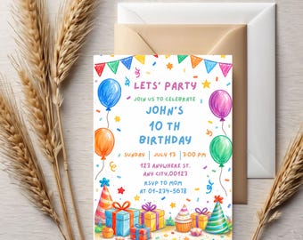 Simple and colorful birthday invitation, cheerful birthday invitation, invitation for a festive birthday party, digital download, Canva