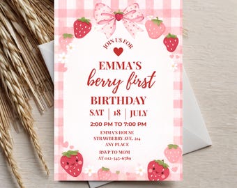 Strawberry Birthday Invitation Template,Berry First Birthday Invitation,Strawberry Shortcake Editable Canva Template,5x7Girl Birthday Invite