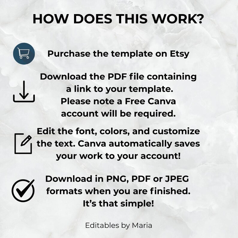 May include: A graphic with the text "HOW DOES THIS WORK?" and instructions for purchasing and using a template on Etsy. The steps include downloading a PDF, editing in Canva, and downloading in PNG, PDF, or JPEG formats. The graphic is on a marble background.