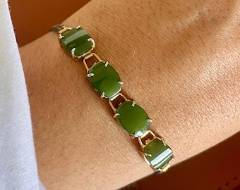 Vintage 1980er Jahre grüne Jade Damen Tennis Vergoldet Edelstein Charm Schmuck Armband
