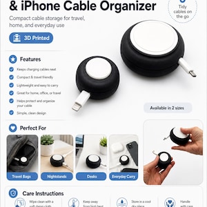 May include: A 3D printed magnetic cable organizer for Apple Watch and iPhone chargers. The device is a round, black, puck-shaped object with a white circular center. It features a slot for winding charging cables to keep them neat and tidy.