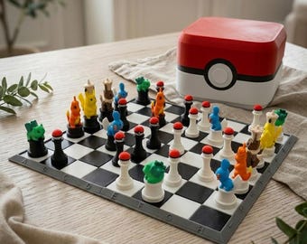 May include: A chess set featuring colorful character figurines as pieces on a black and white checkered board. The set includes a red and white storage box designed like a sphere. The pieces are arranged on the board with various figures.