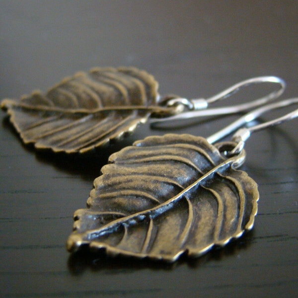 Leaf , antique bronze earrings with sterling silver ear wires