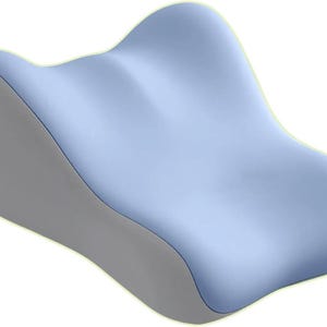 May include: A light blue contoured pillow with a gray base. The pillow has a unique shape designed for neck and shoulder support. The pillow is made of a soft material.