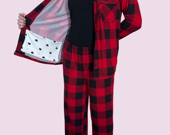 Mastectomy Pajama Long Sleeve Top, Pant Set with Surgical Drain Pockets, Buffalo Plaid