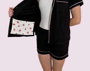 Mastectomy Pajama Short Sleeve Set with Surgical Drain Pockets, Black