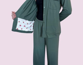 Mastectomy Pajama Long Sleeve Top, Pant Set with Surgical Drain Pockets, Olive Green
