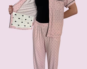Mastectomy Pajama Short Sleeve Top, Pant Set with Surgical Drain Pockets, Pink Polka Dots