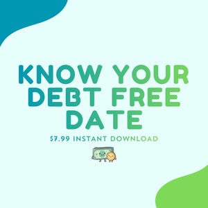 Könnte beinhalten: Eine digitale Grafik mit hellblauem Hintergrund und dem Text KNOW YOUR DEBT FREE DATE in grüner Farbverlaufsschrift. Unter dem Text befindet sich eine kleine Illustration eines lächelnden Geldscheins und einer Goldmünze mit Gesicht.