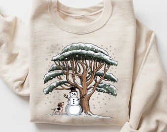 Winter Snowman Sweatshirt, Cozy Winter Tree Crewneck, Snowy Nature Graphic Sweatshirt, Snow Scene Sweater, Unisex Winter Top