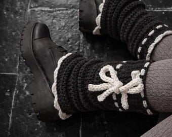 Hand crocheted leg warmers accented with ties and scalloped trim Size S/M