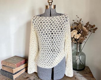 Hand Crocheted Cream Angora-Like Sweater – Open Weave Boho Bell Sleeve Top