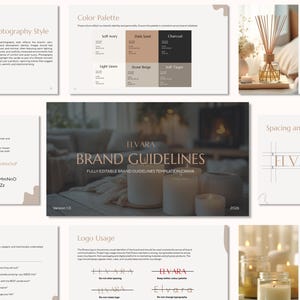 May include: A collection of presentation slides with the text "ELVARA BRAND GUIDELINES" and "FULLY EDITABLE BRAND GUIDELINES TEMPLATE IN CANVA". The slides showcase color palettes, photography styles, logo usage, and other branding elements.