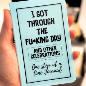 Op de afbeelding: Een lichtblauw rechthoekig dagboek met zwarte tekst die luidt I GOT THROUGH THE FU*KING DAY AND OTHER CELEBRATIONS, gevolgd door de tekst One step at a time Journal. De kaft heeft een eenvoudige zwarte rand rondom de gedrukte tekst.