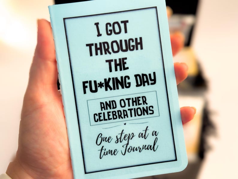 Op de afbeelding: Een lichtblauw rechthoekig dagboek met zwarte tekst die luidt I GOT THROUGH THE FU*KING DAY AND OTHER CELEBRATIONS, gevolgd door de tekst One step at a time Journal. De kaft heeft een eenvoudige zwarte rand rondom de gedrukte tekst.