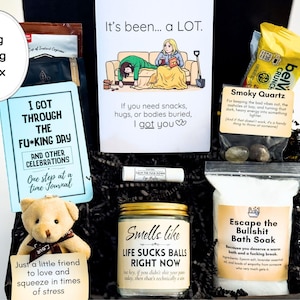 Op de afbeelding: Een geschenkdoos met een dagboek getiteld I Got Through The F*cking Day, een wenskaart met een cartoon, een kleine teddybeer met een briefje, een kaars met het label Smells Like Life Sucks Balls Right Now, badzout, lippenbalsem en rookkwartsstenen.