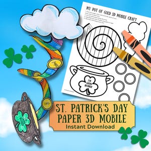 St. Patrick's Day Pot of Gold Mobile, 3D Coloring Craft, Gratitude Activity (Instant Download)