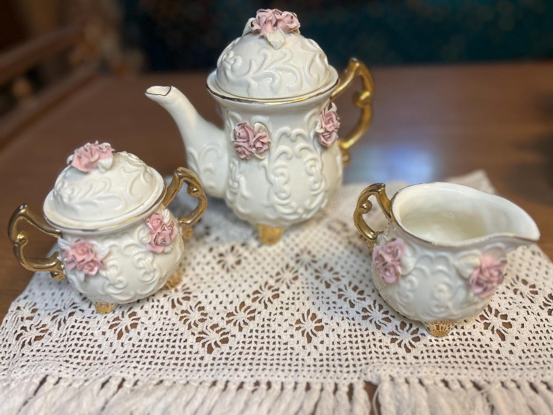 Vintage Porcelain Tea Set: Pink Roses, Gold Trim, Creamer, Sugar Bowl ...