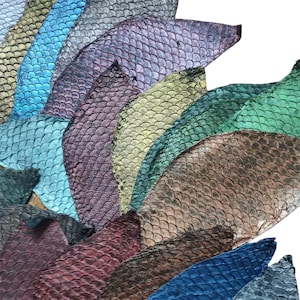 May include: A collection of overlapping fish leather pieces featuring a distinct scale pattern. The material displays a vibrant spectrum of colours including metallic blue, purple, green, gold, brown, and dark red, with a textured, iridescent finish.