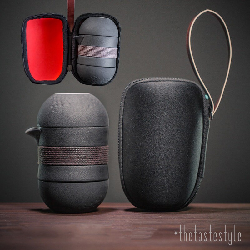THETASTESTYLE  Portable Travel Tea Set | Black | White Stoneware 1 Te…