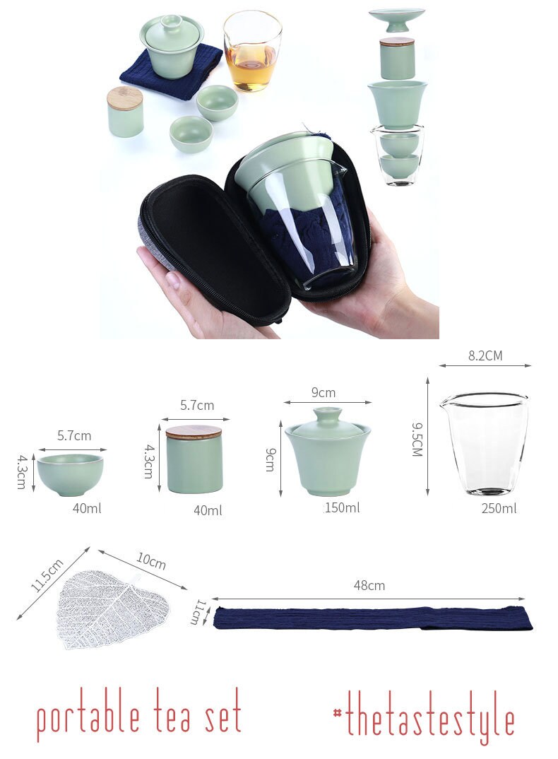 THETASTESTYLE Portable Travel Tea Set | Fabric Cover | Big Glass Pitcher | 3 Styles 3 Colors | Gaiwan Tea Cups Tea Can | Tea Ceremony Supply
