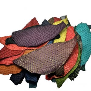 May include: A collection of irregularly shaped leather scraps featuring a textured, embossed fish scale pattern. The pieces are dyed in a variety of vibrant colours including purple, red, orange, yellow, green, blue, and teal, with gold-toned highlights.