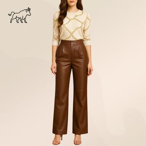 Handmade Brown Leather Wide Leg Pants |  High Waist Trousers | Leather pants for Women