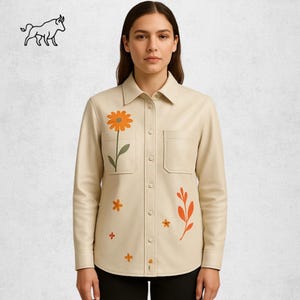 Women’s Leather Shirt | Beige Floral Print Button Down | Luxury Leather Blouse | Winter-Friendly Women Shirt