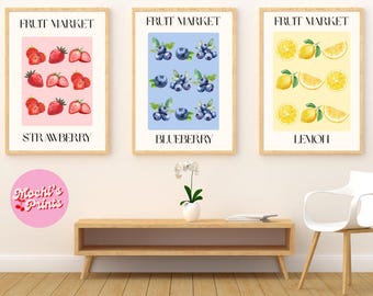 Fruit Market Print Set: Strawberry, Blueberry, Lemon - Kitchen Decor (Digital Download)