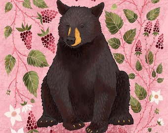 Black Bear & Blackberries Art Print – Wildlife Botanical Illustration