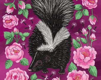 Skunk and Roses PRINT - flower wall art, floral art print, botanical illustration, folk art, wildlife art