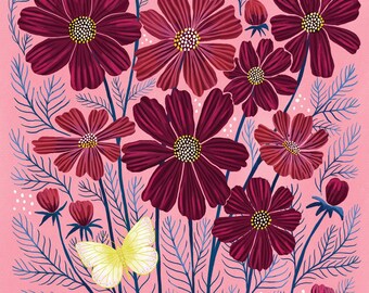 Cosmos PRINT - flower wall art, flower art print, botanical illustration, folk art