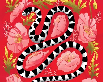 King Snake and Poppies PRINT - flower wall art, floral art print, botanical illustration, folk art, wildlife art