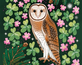 Barn Owl & Sorrell PRINT - flower wall art, floral art print, botanical illustration, folk art, wildlife art