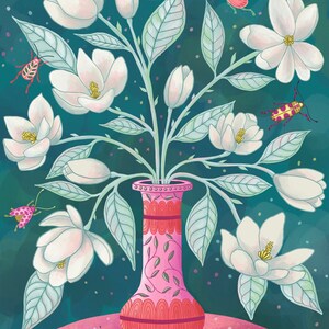 Beetles & Magnolia PRINT - flower wall art, floral art print, botanical illustration, still life