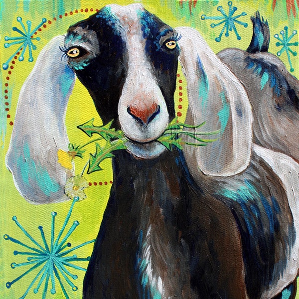 Bright Eyes, PRINT - goat painting, nubian goat, goat art, yellow, green, turquoise, dandelion art